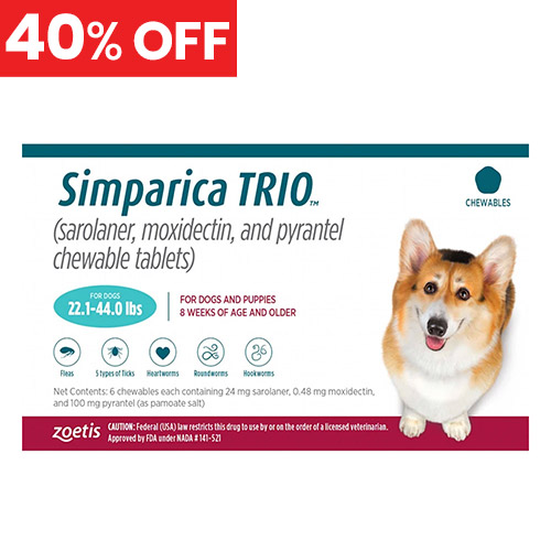 40% Off Simparica Trio For Dogs 22.1-44 Lbs (Teal) 3 Chews