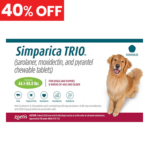 40% Off Simparica Trio For Dogs 44.1-88 Lbs (Green) 3 Chews