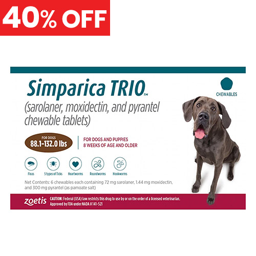 40% Off Simparica Trio For Dogs 88.1-132 Lbs (Red) 3 Chews