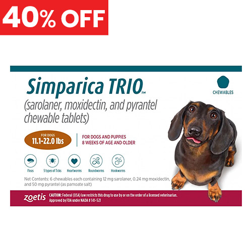 40% Off Simparica Trio For Dogs 11.1-22 Lbs (Caramel) 12 Chews