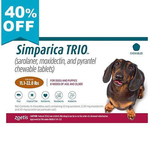 40% Off Simparica Trio For Dogs 11.1-22 Lbs (Caramel) 12 Doses