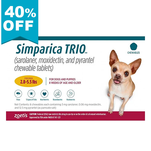 40% Off Simparica Trio For Dogs 2.8-5.5 Lbs (Gold) 12 Doses