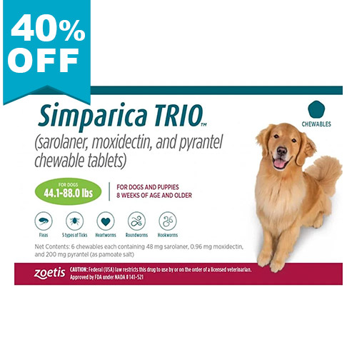 40% Off Simparica Trio For Dogs 44.1-88 Lbs (Green) 12 Doses