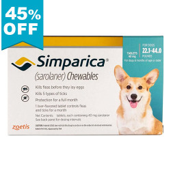 45% Off Simparica For Dogs 22.1-44 Lbs (Blue) 3 Doses