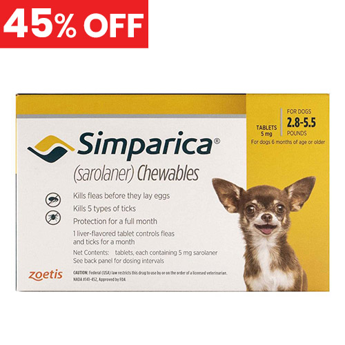 45% Off Simparica For Dogs 2.8-5.5 Lbs (Yellow) 6 Doses