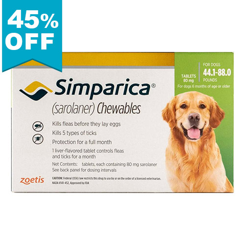 45% Off Simparica For Dogs 44.1-88 Lbs (Green) 3 Doses