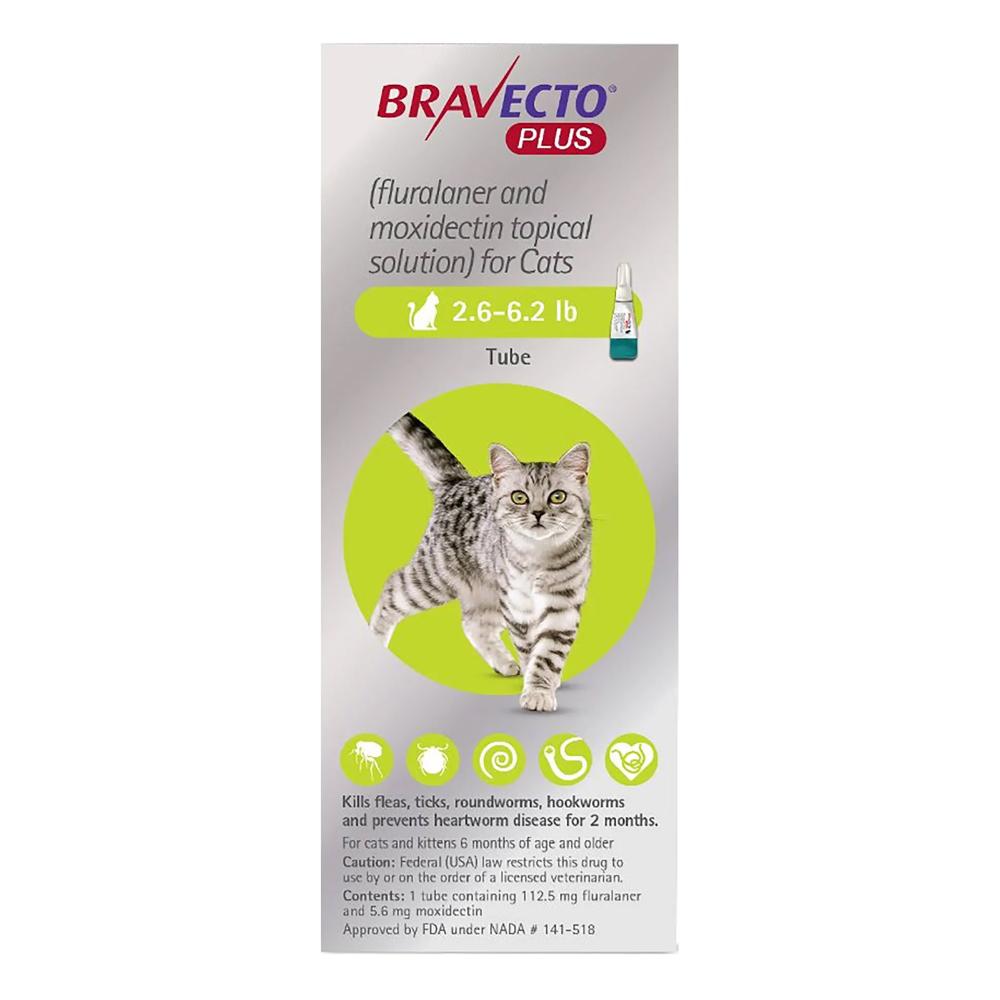 Bravecto Plus For Small Cats 112 Mg (2.6 To 6.2 Lbs) Green 3 Doses