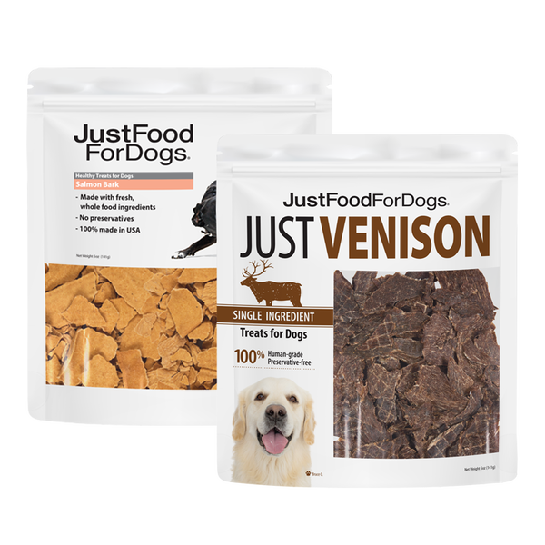 JustFoodForDogs Healthy Skin & Coat Dog Treats Bundle, Salmon Bark and Venison