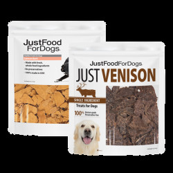 JustFoodForDogs Healthy Skin & Coat Dog Treats Bundle, Salmon Bark and Venison