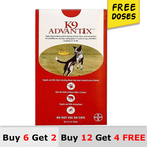 K9 Advantix Large Dogs 21-55 Lbs (Red) 6 + 2 Doses Free