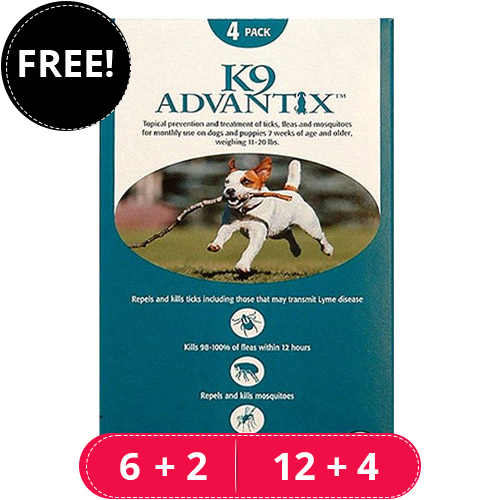 K9 Advantix Medium Dogs 11-20 Lbs (Aqua) 12 Doses + 4 Free